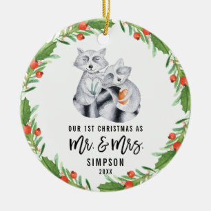 Niedlich Raccoon Erste Weihnacht als Mr. und Mrs. Keramik Ornament
