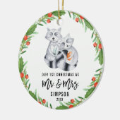 Niedlich Raccoon Erste Weihnacht als Mr. und Mrs.  Keramik Ornament (Links)