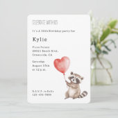 Niedlich Raccoon Tierherz Ballon Geburtstag Einladung (Stehend Vorderseite)