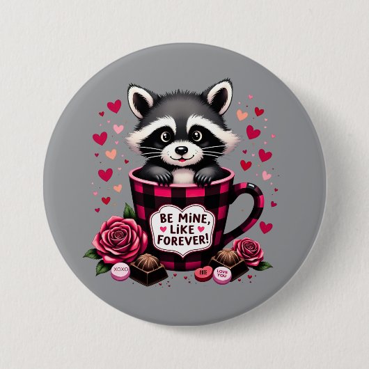 Niedlich Raccoon Valentine Buffalo Kariert Ästheti Button (Vorderseite)