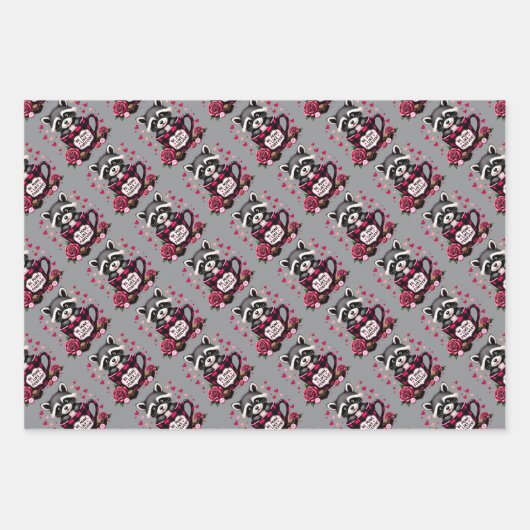 Niedlich Raccoon Valentine Buffalo Kariert Ästheti Geschenkpapier Set (Vorderseite)