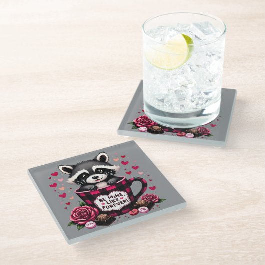 Niedlich Raccoon Valentine Buffalo Kariert Ästheti Glasuntersetzer (Schrägansicht)