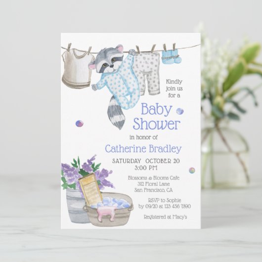 Niedlich Raccoon Wash Day Watercolor Kinderdusche Einladung (Stehend Vorderseite)