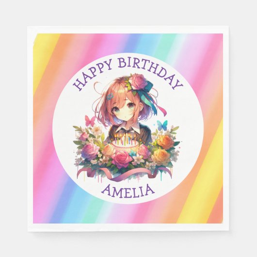 Niedlich Rainbow Anime Girl Birthday Cake Personal Serviette (Vorderseite)