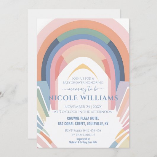 Niedlich Rainbow Baby Dusche Minimalistisch Pastel Einladung (Vorne/Hinten)