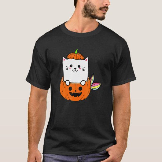 Niedlich Rainbow Cat Mermaid Halloween Pumpkin Gra T-Shirt (Vorderseite)