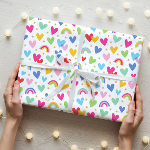 Niedlich Rainbow Hearts Stars Celebration Valentin Geschenkpapier