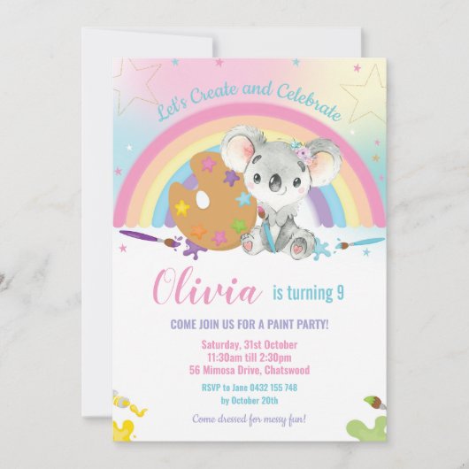 Niedlich Rainbow Koala Art Paint Shop Einladung (Vorderseite)