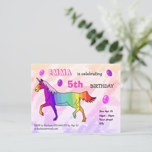 Niedlich Rainbow Unicorn Girly Birthday Party Einladung (Stehend Vorderseite)