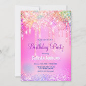 Niedlich Rainbow unicorn Rosa Glitzer Tropfen Mono Einladung (Vorderseite)