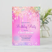 Niedlich Rainbow unicorn Rosa Glitzer Tropfen Mono Einladung (Stehend Vorderseite)