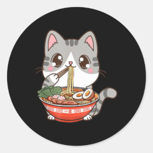 Niedlich Ramen Cat Kawaii Anime Japanisches Lebens Runder Aufkleber