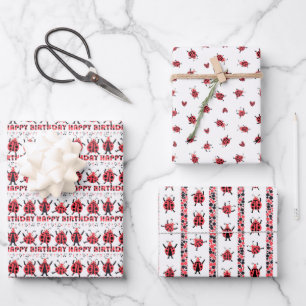 Niedlich Red Black Ladybugs Happy Birthday Kids Geschenkpapier Set
