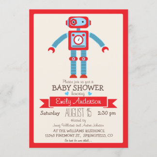 Niedlich Red & Blue Vintag Robot Baby Dusche Einladung