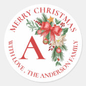 Niedlich Red Blume Berries Monogram Frohe Weihnach Runder Aufkleber (Vorderseite)