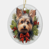 Niedlich Red Bow Holly Wreath Yorkie Dog Keramik Ornament (Links)