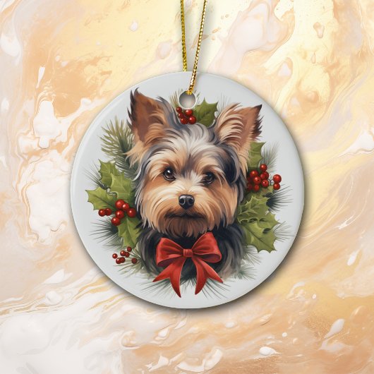 Niedlich Red Bow Holly Wreath Yorkie Dog Keramik Ornament