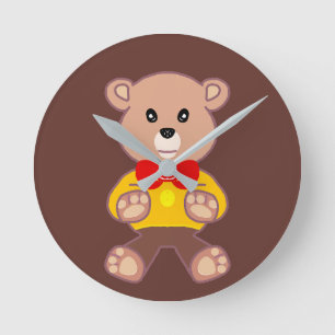 Niedlich Red Bowtie Beige Teddy Bear Brown Runde Wanduhr
