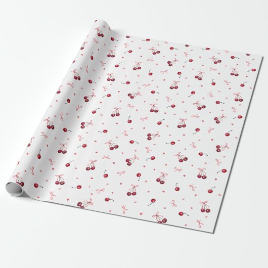 Niedlich Red Cherries Hearts Bows Geschenkpapier (Ungerollt)