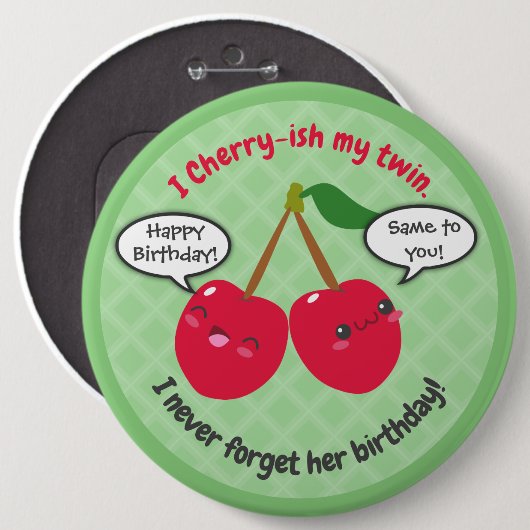 Niedlich Red Cherry Kawaii Twins Birthday Button (Vorne & Hinten)