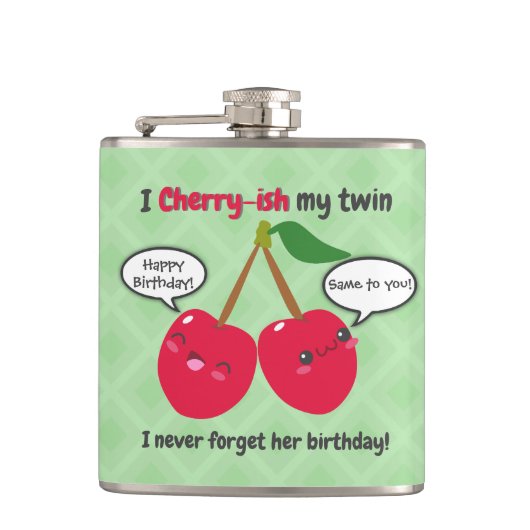 Niedlich Red Cherry Kawaii Twins Birthday Flachmann (Vorderseite)