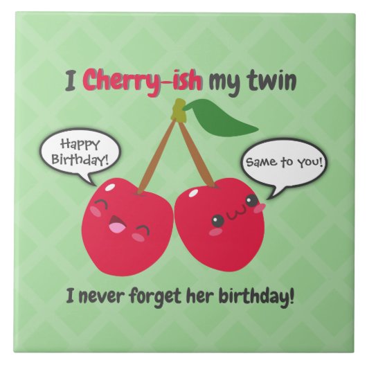 Niedlich Red Cherry Kawaii Twins Birthday Fliese (Vorderseite)