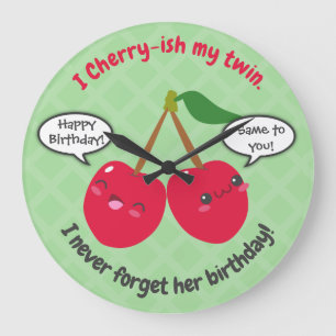 Niedlich Red Cherry Kawaii Twins Birthday Große Wanduhr