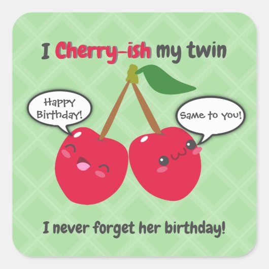 Niedlich Red Cherry Kawaii Twins Birthday Quadratischer Aufkleber (Vorderseite)