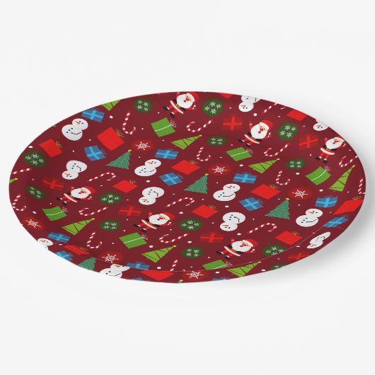 Niedlich Red Christmas Santa & Snowman Pattern Pappteller (Schrägansicht)