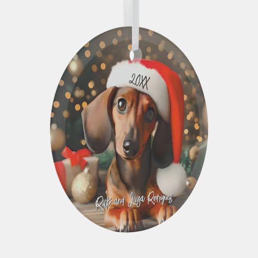 Niedlich Red Dackel Welpe mit Weihnachtsmannmütze Ornament Aus Glas (Vorderseite Rechts)