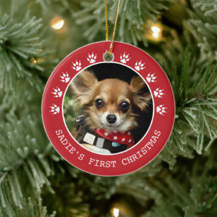 Niedlich Red Dog Paw Prints Foto Rahmen Weihnachte Keramik Ornament