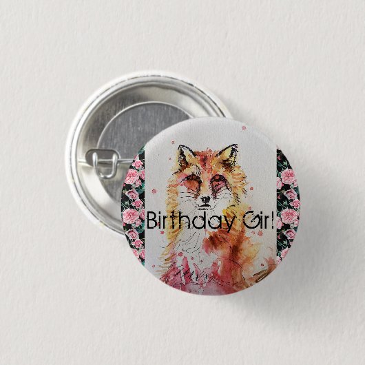 Niedlich Red Fox Wasserfarbe Rosa Girls Damen Button (Vorne & Hinten)