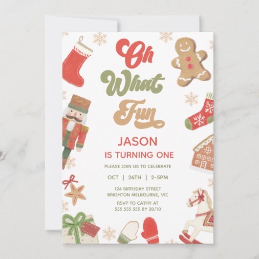 Niedlich Red Green Boys Oh What Fun Birthday Einladung (Vorderseite)