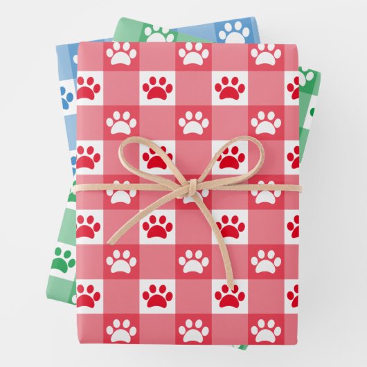 Niedlich Red Green Gingham Paw Print Pattern Geschenkpapier Set (Beispiel)