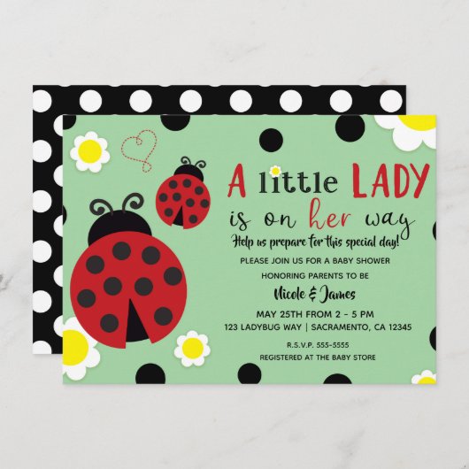 Niedlich Red Ladybug Green Blume Girls Baby Showro Einladung (Vorne/Hinten)