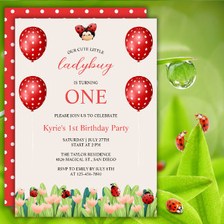 Niedlich Red Little Ladybug Girls 1. Geburtstag Einladung