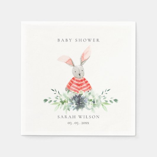 Niedlich Red Pink Bunny Garden Foliage Babydusche Serviette (Vorderseite)
