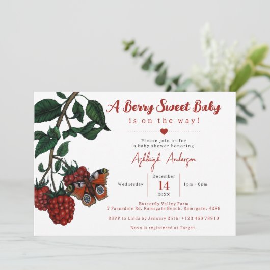 Niedlich Red Raspberry Berry Sweet Baby Dusche Einladung (Stehend Vorderseite)
