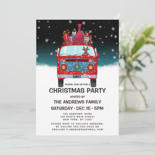 Niedlich Red Santa Van Reindeer Dog Snow Weihnacht Einladung (Stehend Vorderseite)