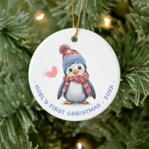 Niedlich Red Scarf Penguin Die erste Weihnacht d Keramik Ornament