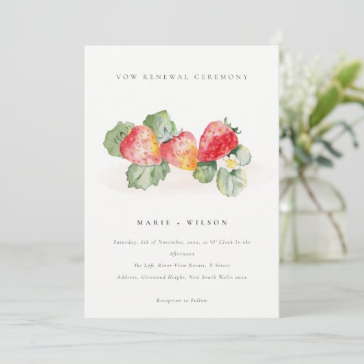 Niedlich Red Strawberry Leafy Foliage Vow Erneueru Einladung (Stehend Vorderseite)