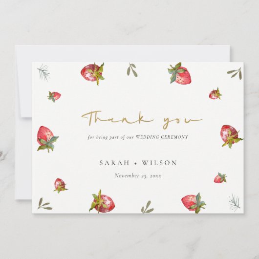 Niedlich Red Strawberry Leafy Green Botanical Wedd Dankeskarte (Vorderseite)