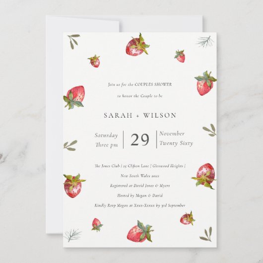 Niedlich Red Strawberry Leafy Paare Dusche einlade Dankeskarte (Vorderseite)