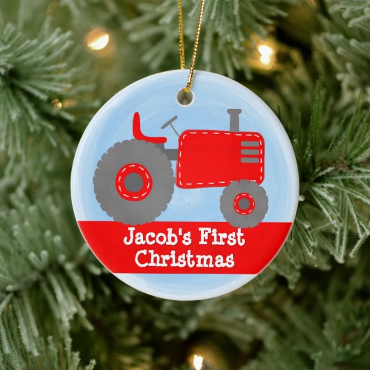 Niedlich Red Tractor Baby's First Christmas Waterc Keramik Ornament (Baum)