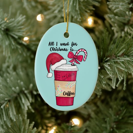 Niedlich Red Weihnachtsmannmütze Kaffee Candy Cane Keramik Ornament (Baum)