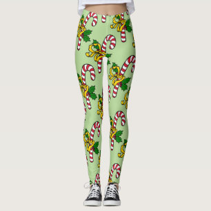 Niedlich Red White Candy Canes Light Green Christm Leggings