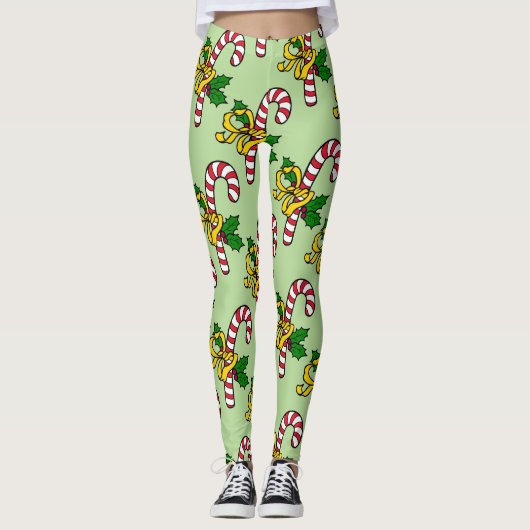 Niedlich Red White Candy Canes Light Green Christm Leggings (Vorderseite)