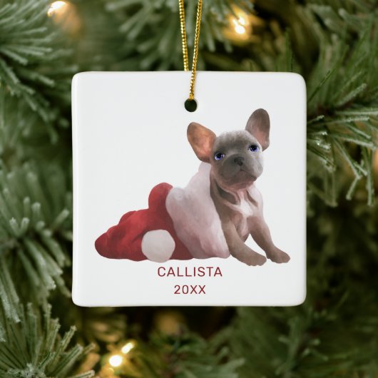 Niedlich Red White French Bulldog Weihnachtsmannmü Keramikornament (Baum)