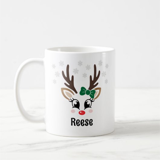 Niedlich Reindeer Girl Green Bow Individuelle Name Kaffeetasse (Links)