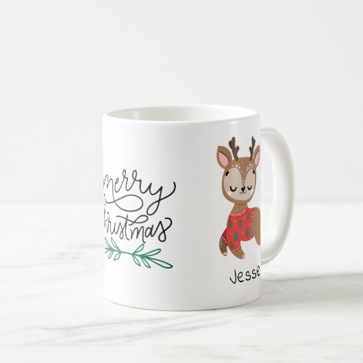 Niedlich Reindeer Girly Personalisiert Name Weihna Kaffeetasse (VorderseiteRechts)